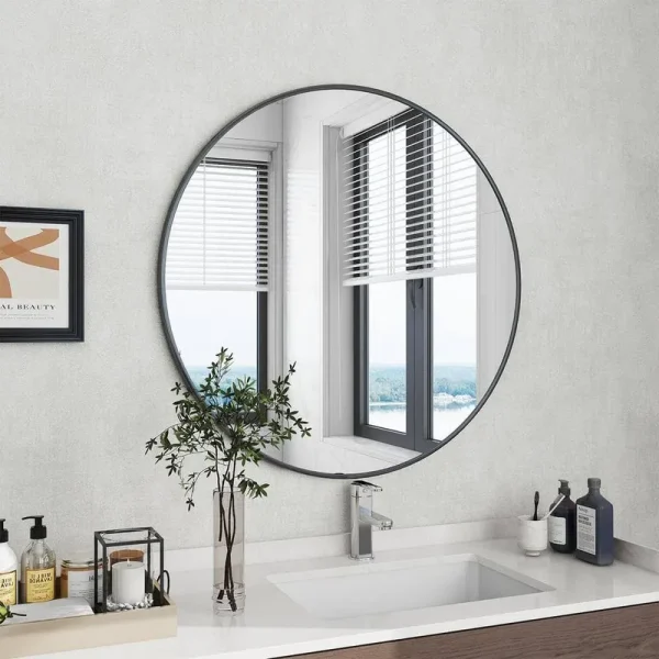 XRAMFY 36 in. W x 36 in. H Round Aluminum Alloy Framed Black Wall Mirror