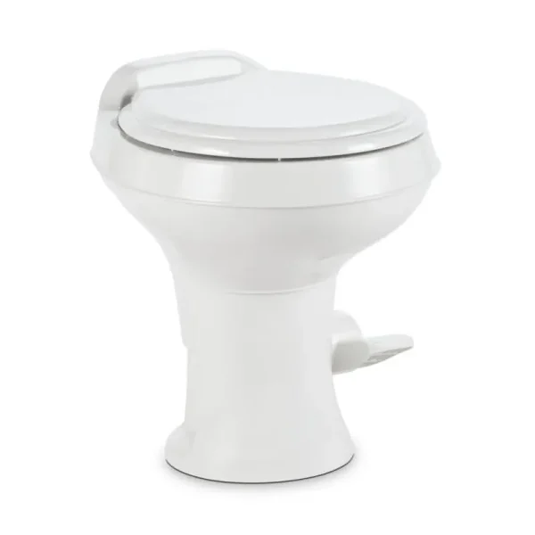 Dometic 300 Series Gravity - Flush RV Toilet - Powerful Triple - Jet Action Flush with Adjustable Water Level - Standard Height Flush with Foot Pedal for Rvs, Trailers, and Outdoor Campers