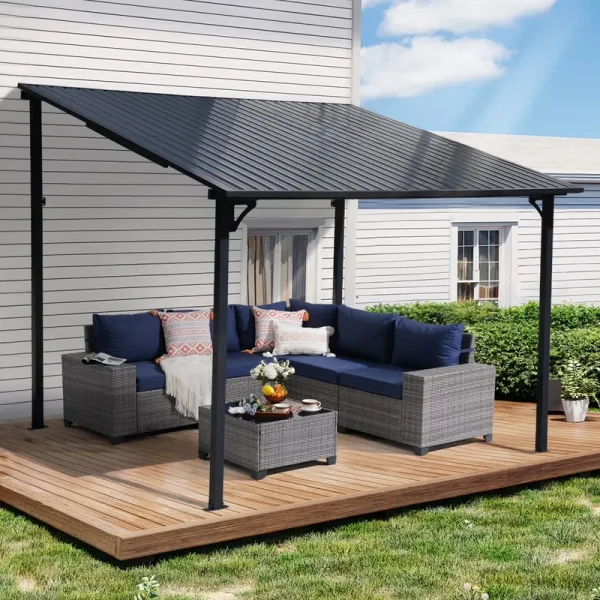JOIVI 8' x 10' Outdoor Lean to Gazebo, Hardtop Wall Mounted Gazebo with Sloping Roof, Awnings for Patio with All - Iron Frame, Pergolas for Patio, Backyard, Deck