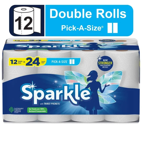 Sparkle Paper Towels, with Thirst Pockets, Pick-A-Size, Double Rolls - 12 rolls