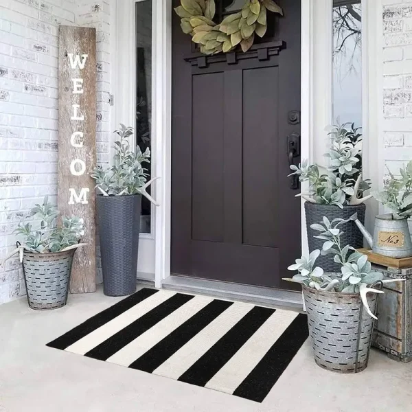 Kahouen Black and White Striped Rug (23.6 x 35.4 Inches), Indoor Outdoor Striped Doormats, Handmade Woven Farmhouse Layered Door Mats Striped Mat