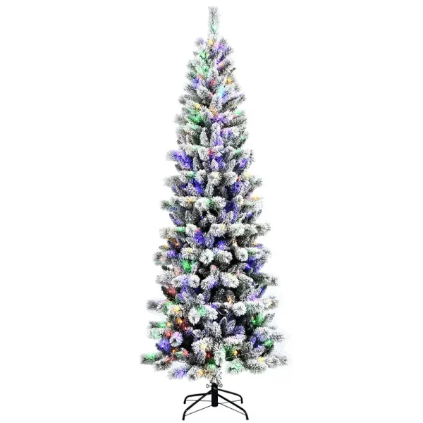 Costway 8ft Pre-Lit Hinged Christmas Tree Snow Flocked w/ 9 Modes Remote Control Lights
