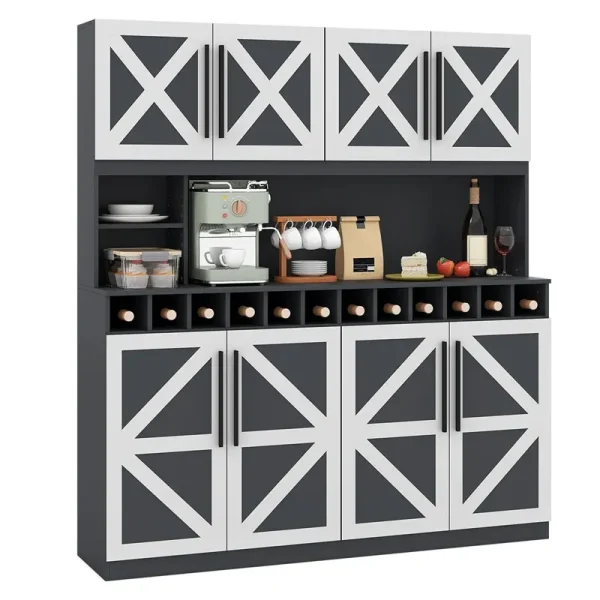 70" Farmhouse Pantry Cabinet, Kitchen Buffet Hutch with 12-Bottle Wine Rack, 8-Door Storage Cupboard, Large Countertop & Adjustable Shelves