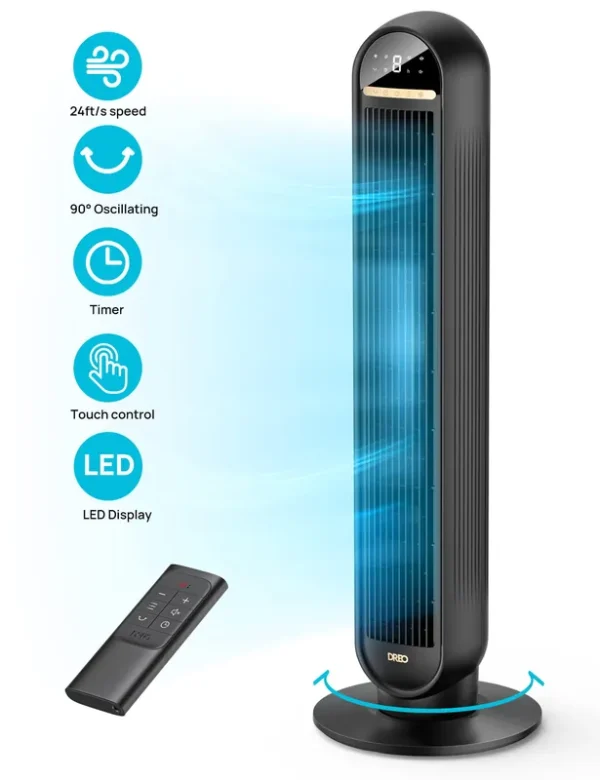 Dreo Tower Fans for Home, 2023 New 36" Standing Floor Fan with Remote, 90 Oscillating Fan, 24 ft/s High Velocity, LED Display, 4 Speeds, 4 Modes, 8H