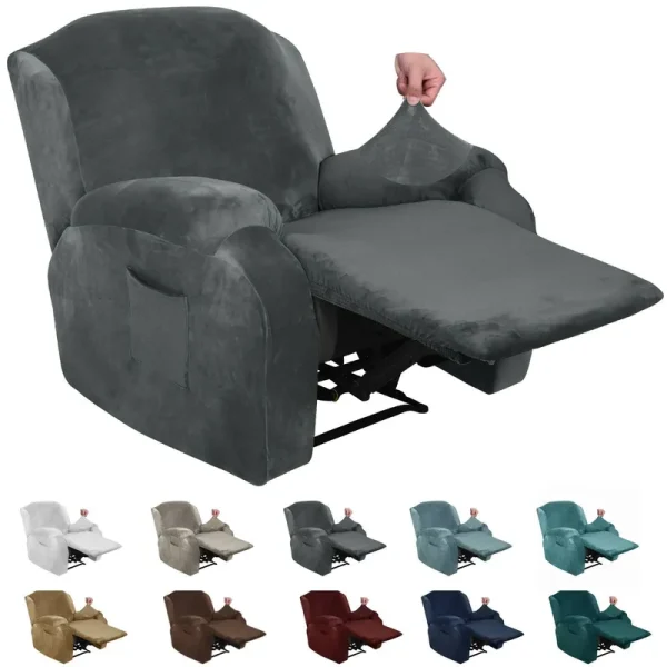 MAXIJIN Velvet 4 Piece Recliner Cover Stretch Plush Soft Cover for Chair Thick Soft Recliner Slipcover Separate Chair Cover with Side Pocket