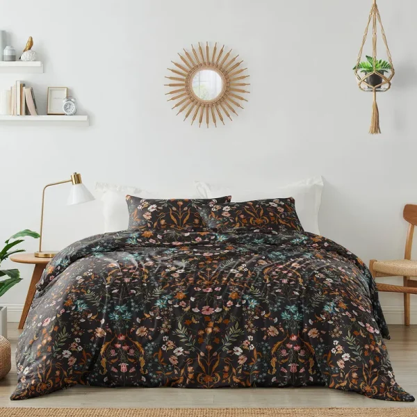 Sweet Jojo Designs Boho Floral Wildflower Black and Orange Collection Queen Duvet Cover Bedding Set