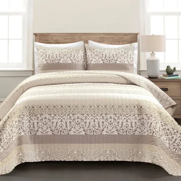 Lush Decor Boho Stripe Reversible Oversized 3 Piece Cotton Quilt Set, Full/Queen, Neutral