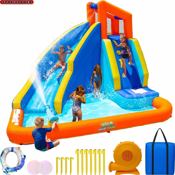 Sportspower�?big Wave II Inflatable Water Slide with Climbing Wall & Splash Pool, Ages 3 - 8, Heavy Duty, ASTM Certified, Lifetime Warranty on Included Blower