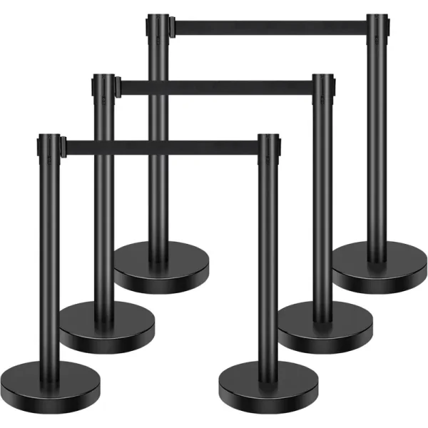 6 Pcs Crowd Control Stanchion Set, with Retractable Belts, Carbon Steel Black Stanchions Queue with Sand Injection Hollow Base, for Theaters, Parties, Weddings, Exhibitions