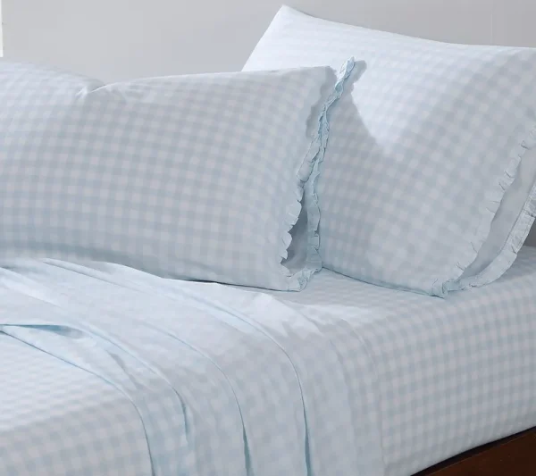 Shabby Chic - Twin Sheets, Soft & Breathable Organic Cotton Bedding Set, Classic Style Home Decor with Ruffled Pillowcase (Gingham Blue, Twin)