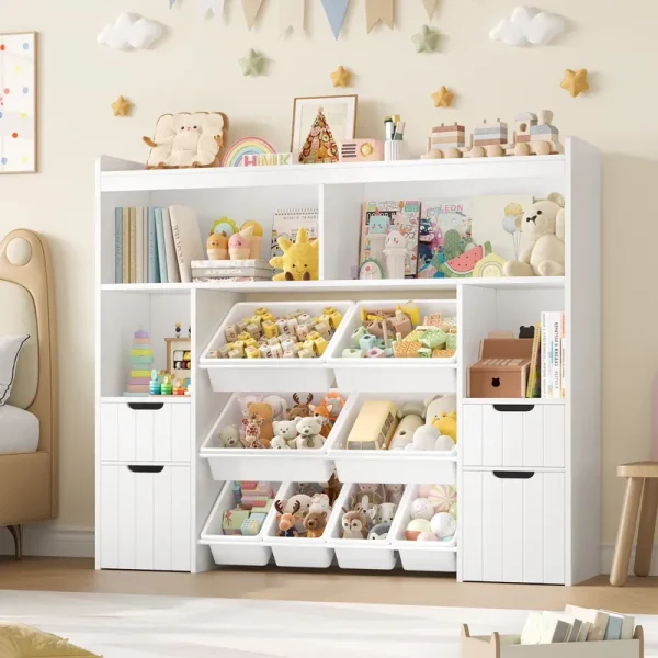 Homfa Kids Toy Storage Organizer with Removable Bin, Kids Bookshelf and Bookcase Toy Box with Drawers for Playroom, Classroom, White
