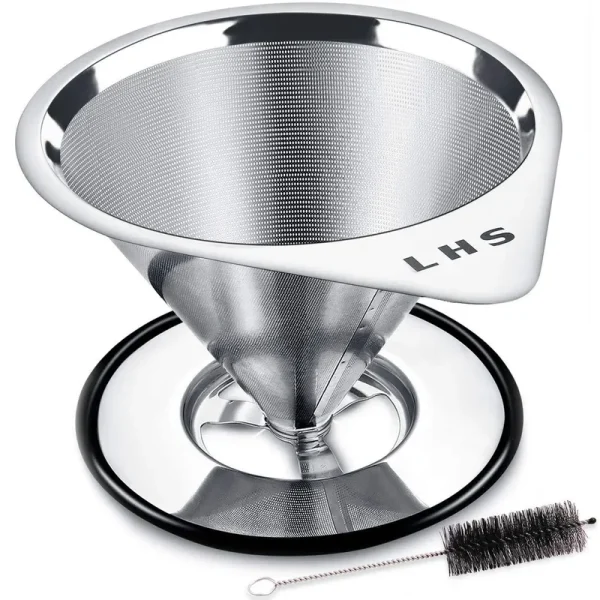 Pour Over Coffee Dripper Stainless Steel LHS Slow Drip Coffee Filter Metal Cone Paperless Reusable Single Cup Coffee Maker 1-2 Cup with Non-Slip Cup