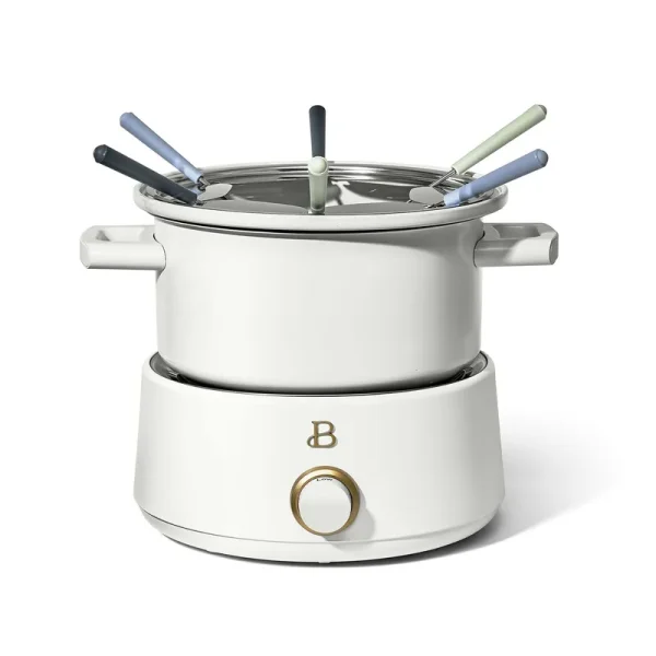 Beautiful 19277 3qt Electric Fondue Set with Bonus 2qt Ceramic Pot White Icing by Drew Barrymore