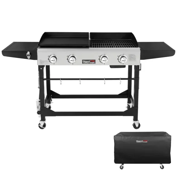 Royal Gourmet GD401C 4-Burner Portable Propane Flat Top Gas Grill and Griddle Combo, Black