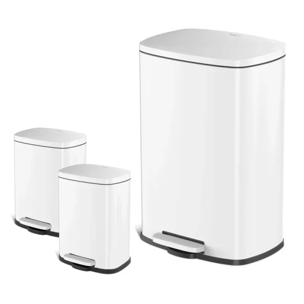 Qualiazero Rectangular Step Trash Can 3 Piece Combo, 13.2 Gal and Two 1.3 Gal - Shiny White