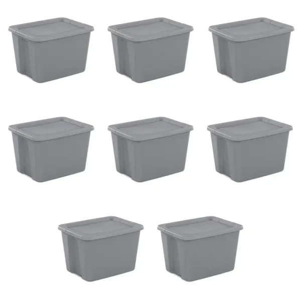 Sterilite 18 Gallon Tote, Plastic Storage Bin with Snap - on Lid, Gray, 8 Count