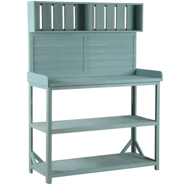 65" Large Wooden Farmhouse Rustic Outdoor Potting Bench Table, Patio Workstation, Garden Potting Bench with 4 Storage Shelves and Side Hook, Green