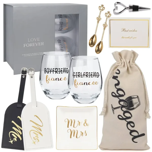 Engagement Gifts for Couples - Unique Bridal Shower Gift Box Wine Glasses Kit Honeymoon Engaged Gift for Him and Her - Personalized Wedding Gifts