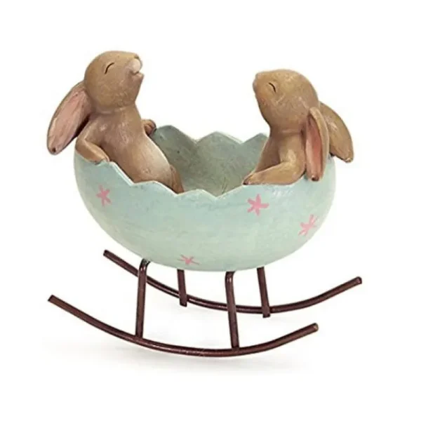 KiaoTime Laughing Bunny Rabbits Rocking in An Easter Egg Cradle Spring Easter Decoration Vintage Rustic Country Bunnies Rabbit Figurine