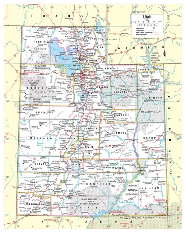 Cool Owl Maps Utah State Wall Map Poster Rolled 24"Wx30"H (Paper)