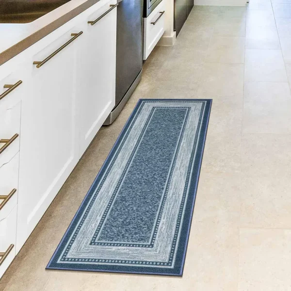 Ottomanson Machine Washable Non-Slip Rubberback Bordered 2x5 Indoor Runner Rug, 20 inch x 59 inch, Blue
