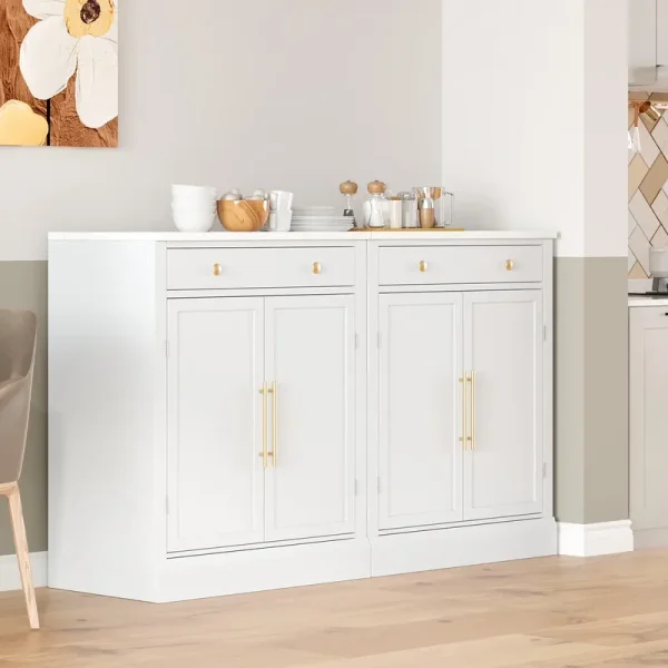 Euroco Modern Freestanding Kitchen Pantry, Buffet Food Storage, Coffee Bar Cabinet with Drawer, 2 Adjustable Shelves and 2 Door Shelves for Dining, Kitchen, White