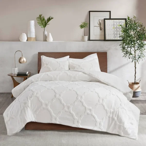 Madison Park - Pacey 3 Piece Tufted Cotton Chenille Geometric Comforter Set - White - Full/Queen