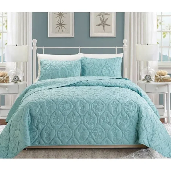 Grand Linen 3-Piece Tropical Coast Seashell Beach King Bedspread Blue Coverlet Embossed Bed Cover Set. Sea Shells, Sea Horse, Starfish etc.