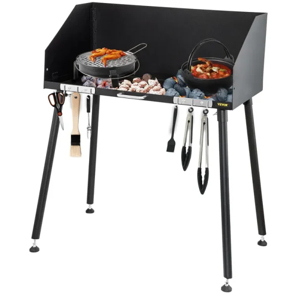 Carbon Steel Camp Cooking Table 38 x 16 inch with Three-Sided Windscreen and Legs for Outdoor Food Preparation and Dutch Oven