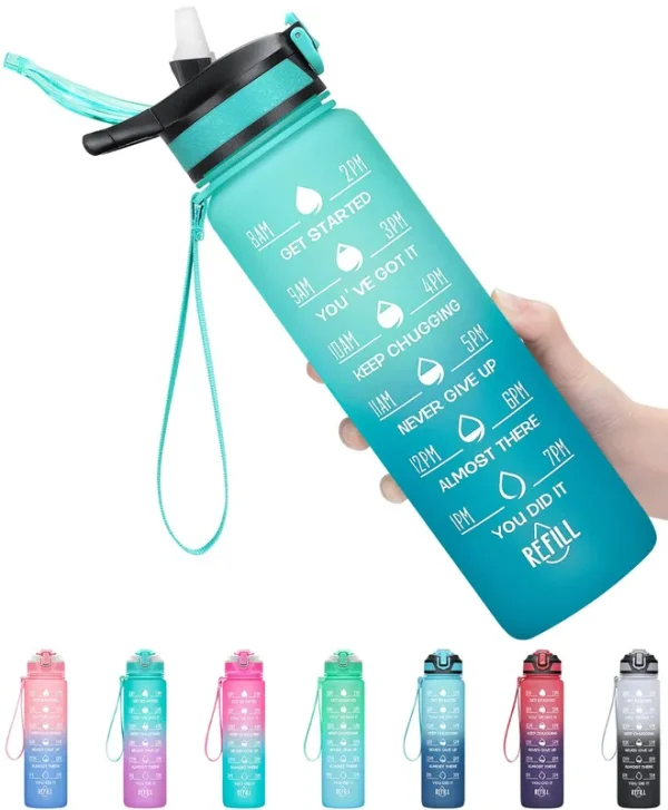 MEITAGIE 32oz Leakproof Motivational Sports Water Bottle with Straw & Time Marker, Flip Top Durable BPA Free Tritan Non-Toxic Frosted Bottle Perfect