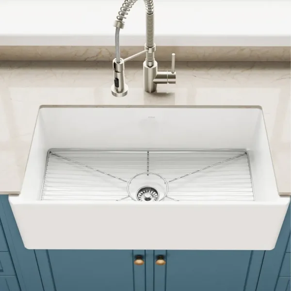 Kraus KFR1-33GWH Turino 33 inch Fireclay Farmhouse Reversible Apron Front Single Bowl Kitchen Sink in Gloss White