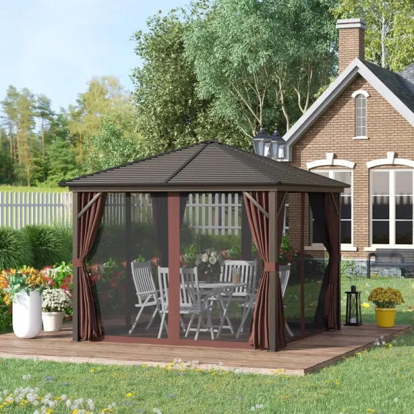 Outsunny 10' x 10' Outdoor Hardtop Patio Gazebo Steel Canopy with Aluminum Frame Curtains and Top Hook Dark Brown