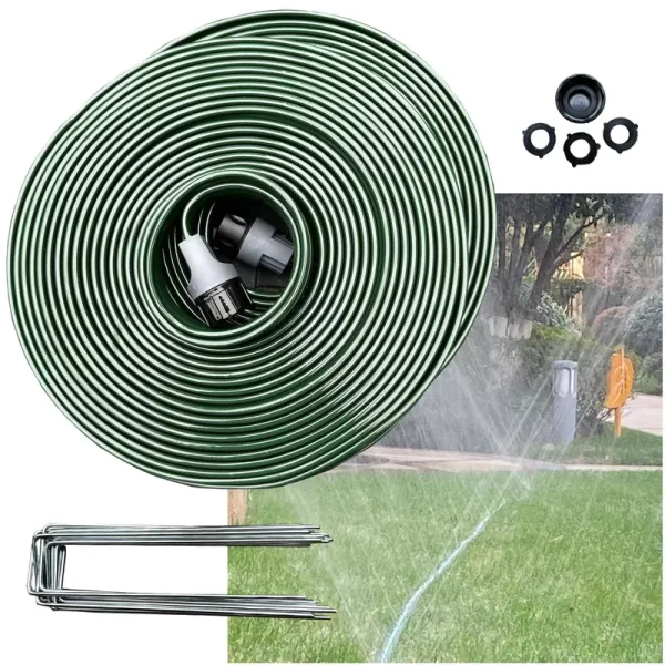 Watoo 2024 Flat Sprinkler Hose for Lawn Watering Garden Soaker Hose with Holes, 75 ft Heavy Duty Lightweight No-Kink Water Hose with Stakes,