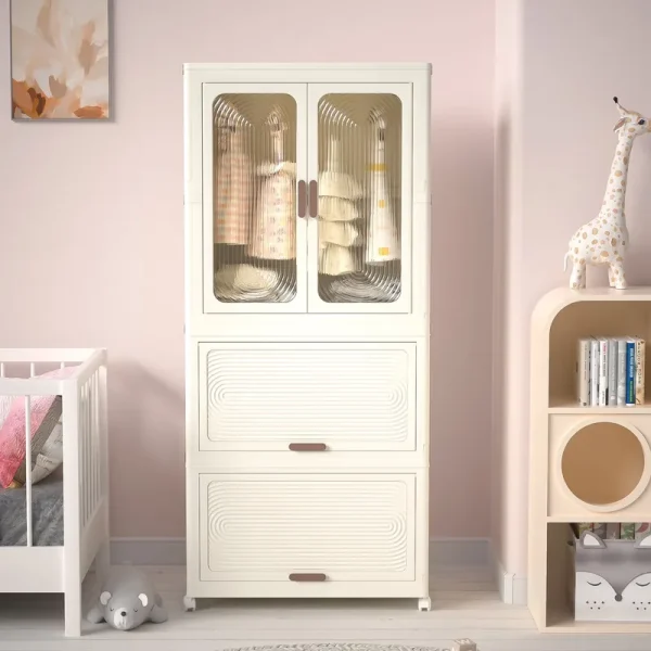 Montary Kids Portable Wardrobe W/ Magnetic Doors & Hanging Rod - 4 - Cube Plastic Storage Cabinet, Nursery/Bedroom