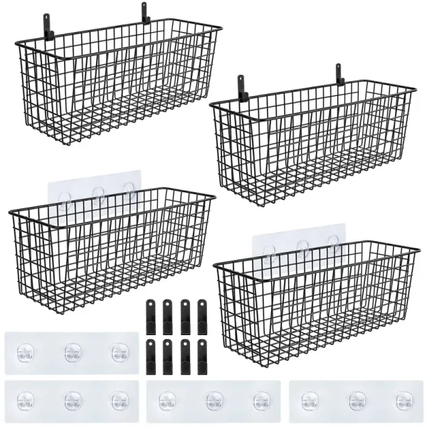 Aozita 2 Wall Mounting Options, 4 Set [Extra Large] Hanging Wall Mount Basket for Storage, Sturdy Steel Wire Baskets, Metal Hang Wall Shelves Bins,