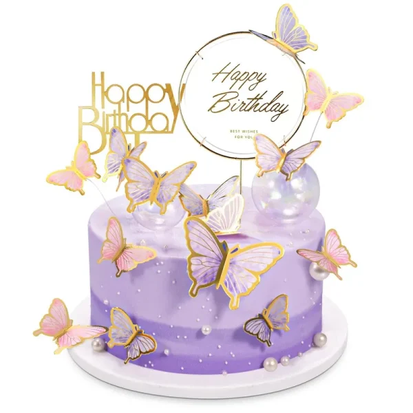 Langpa 22-Pieces Butterfly Cake Decorations with Happy Birthday Acrylic Cake Toppers for Baby Shower Wedding Birthday Party Decor (Purple & Pink)