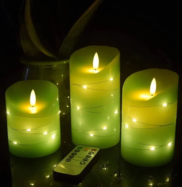 danip Green LED Flameless Candle with Embedded Starlight String, 3 LED Candles, 10-Key Remote Control, 24-Hour Timer Function, Dancing