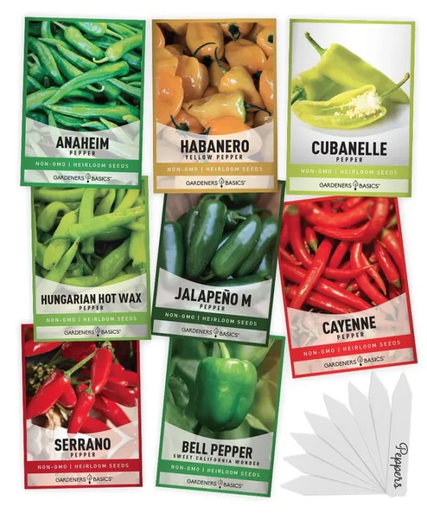 Pepper Seeds for Planting 8 Varieties Pack, Jalapeno, Habanero, Bell Pepper, Cayenne, Hungarian Hot Wax, Anaheim, Serrano, Ancho Seeds for Planting