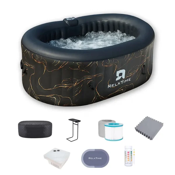 RELXTIME 2 Person Oval Inflatable Hot Tub Set Outdoor Spa with 100 Massage Jets, LED Light, Black