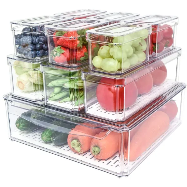 Pomeat 10 Pack Fridge Organizer, Stackable Refrigerator Organizer Bins with Lids, BPA-Free Produce Fruit Storage Containers for Storage Clear for