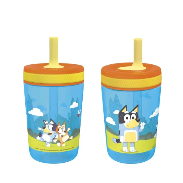 Zak Designs 15oz Bluey Kelso Travel Straw Tumbler Plastic and Silicone with Leak-Proof Valve for Kids, 2pcs Set, Bluey