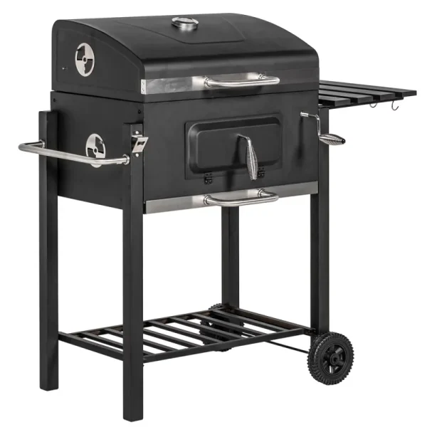44.5" Charcoal BBQ Grill, Outdoor Portable Cooker for Camping or Backyard Picnic with Side Table, Bottom Storage Shelf, Wheels and Handle, Black