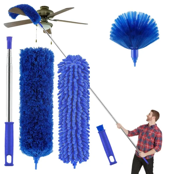 Microfiber Duster, Feather Duster with 100 Inch Telescoping Extension Pole, Reusable Bendable Dusters, Washable Lightweight Dusters for Ceilings Fans