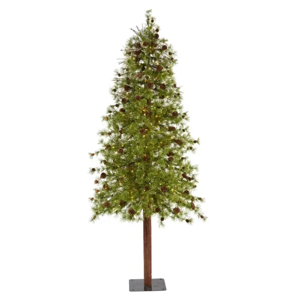 Nearly Natural 8 ft. Wyoming Alpine Artificial Christmas Tree with 250 Clear Multifunction LED Lights & Pine Cones on Natural Trunk