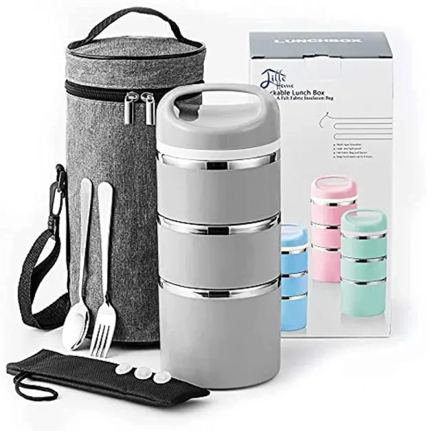 Lille Home Stackable Stainless Steel Thermal Compartment Lunch/Snack Box, 3-Tier Insulated Bento/Food Container with Upgraded Lunch Bag, Portable