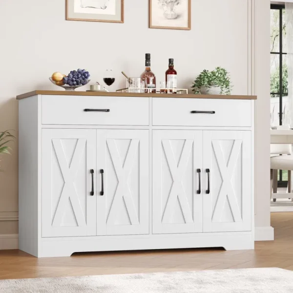 Hiphuta 47"farmhouse Sideboard Storage Cabinets with 4 Doors & 2 Drawers, Coffee Bar with Brown Top for Living Room, White