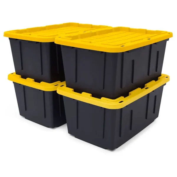 Black & Yellow 27-Gallon Tough Storage Containers with Lids, Stackable, 4 Pack, Black