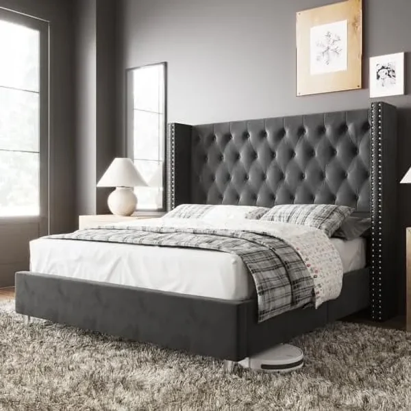 Vanacc Queen Bed Frame Upholstered Bed Wingback Headboard Velvet Tufted Diamond Button/No Box Spring Needed/Easy Assembly/Gray