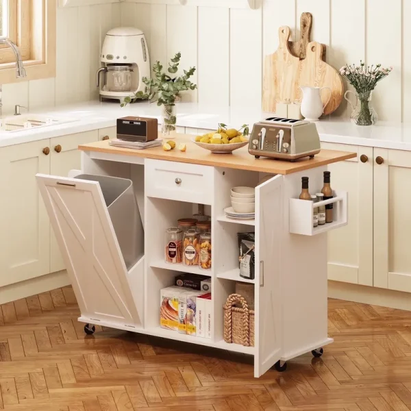 Spanspace 48" Kitchen Island Cart with Drop Leaf, 10 Gallon Storage and Tilt Out Trash Can Cabinet, Portable Kitchen Island with Wheels Drawer and Adjustable Shelves for Kitchen, White