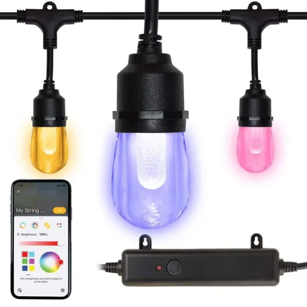 Hampton Bay 24-Light 48 ft. Outdoor Plug-In Integrated LED Black Edison Bulb RGBW Color Changing String Light Powered by Hubspace